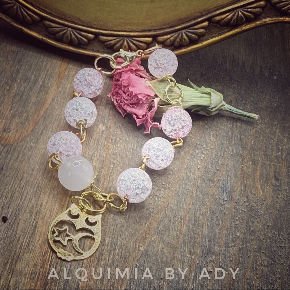 CUTE OWL + Rose Quartz and Gold Bracelet